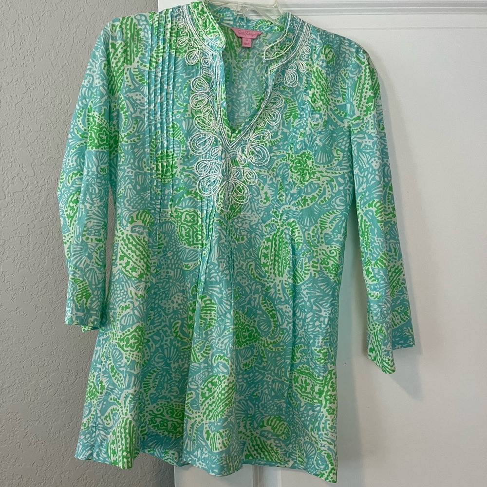 Lilly Pulitzer Green and Blue Pleated Tunic with Mandarin Collar